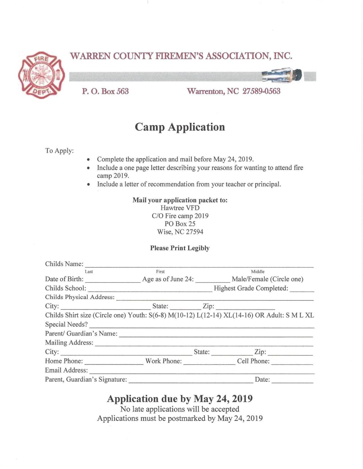 2019 Junior Fire Camp Application